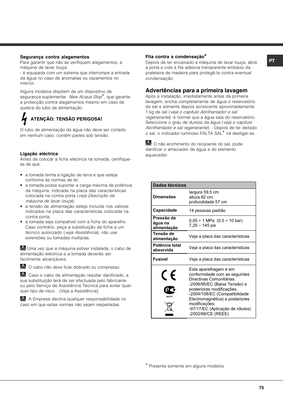 Advertências para a primeira lavagem | Hotpoint Ariston PFK 724X User Manual | Page 75 / 84