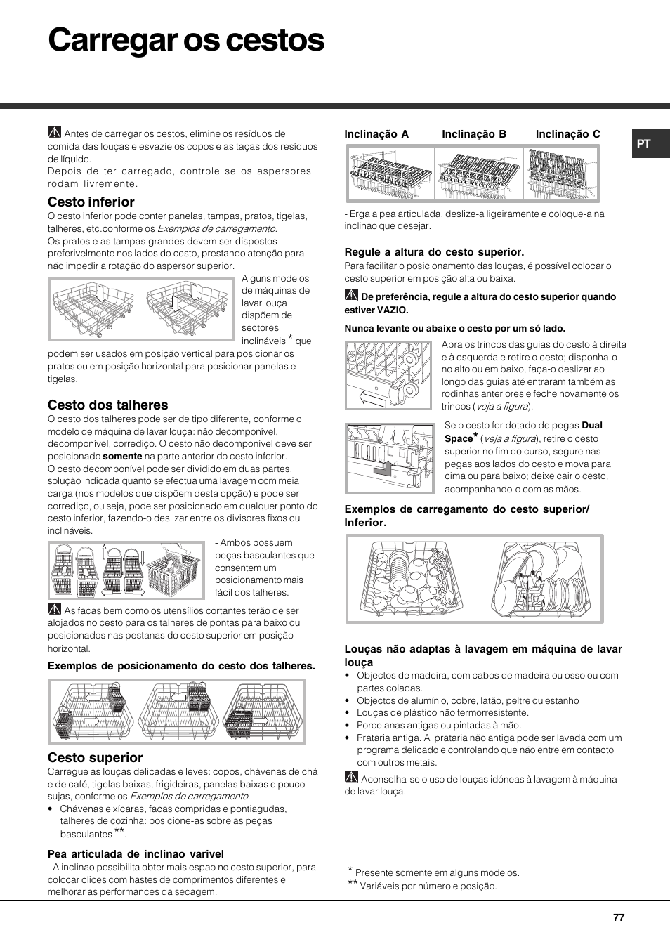 Carregar os cestos, Cesto inferior, Cesto dos talheres | Cesto superior | Hotpoint Ariston PFK 724X User Manual | Page 77 / 84