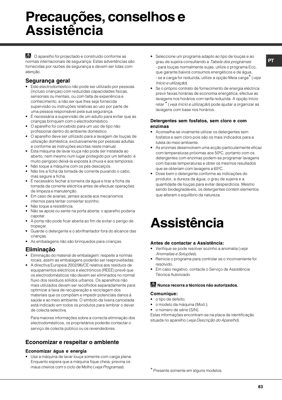 Precauções, conselhos e assistência, Assistência, Segurança geral | Eliminação, Economizar e respeitar o ambiente | Hotpoint Ariston PFK 724X User Manual | Page 83 / 84