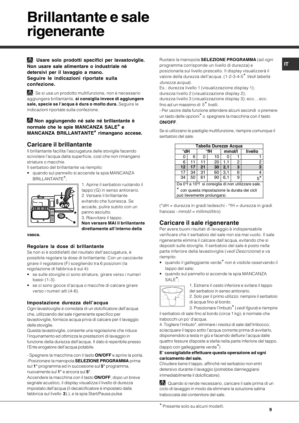 Brillantante e sale rigenerante, Caricare il brillantante, Caricare il sale rigenerante | Hotpoint Ariston PFK 724X User Manual | Page 9 / 84