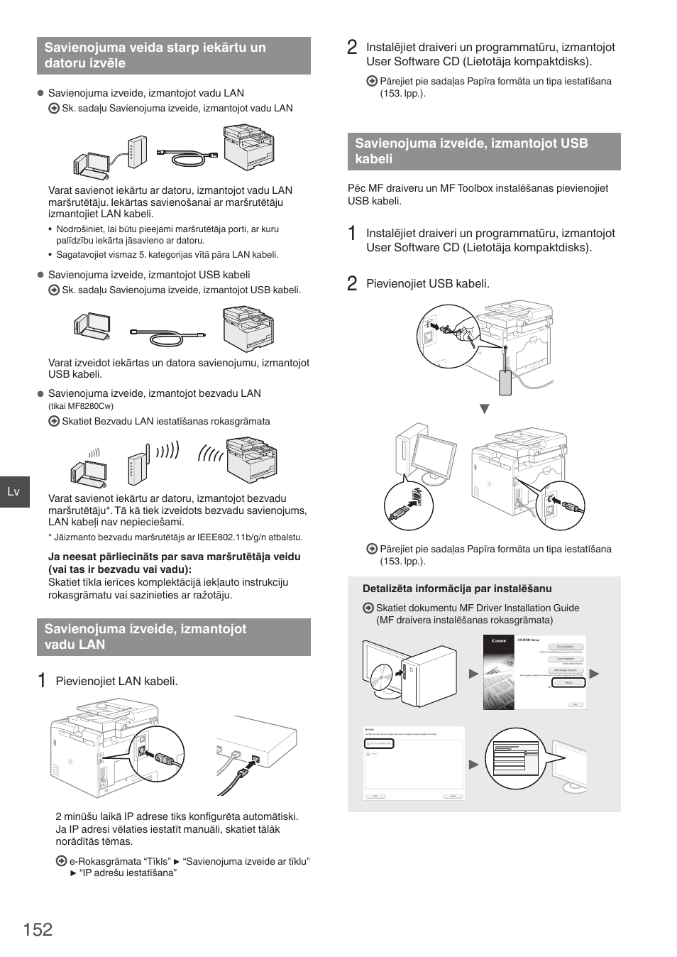 Savienojuma veida starp iekārtu un datoru, Izvēle, Savienojuma izveide, izmantojot | Vadu lan, Usb kabeli, Vadu lan (152. lpp.), Savienojuma izveide, izmantojot usb, Kabeli (152. lpp.) | Canon i-SENSYS MF8230Cn User Manual | Page 152 / 292