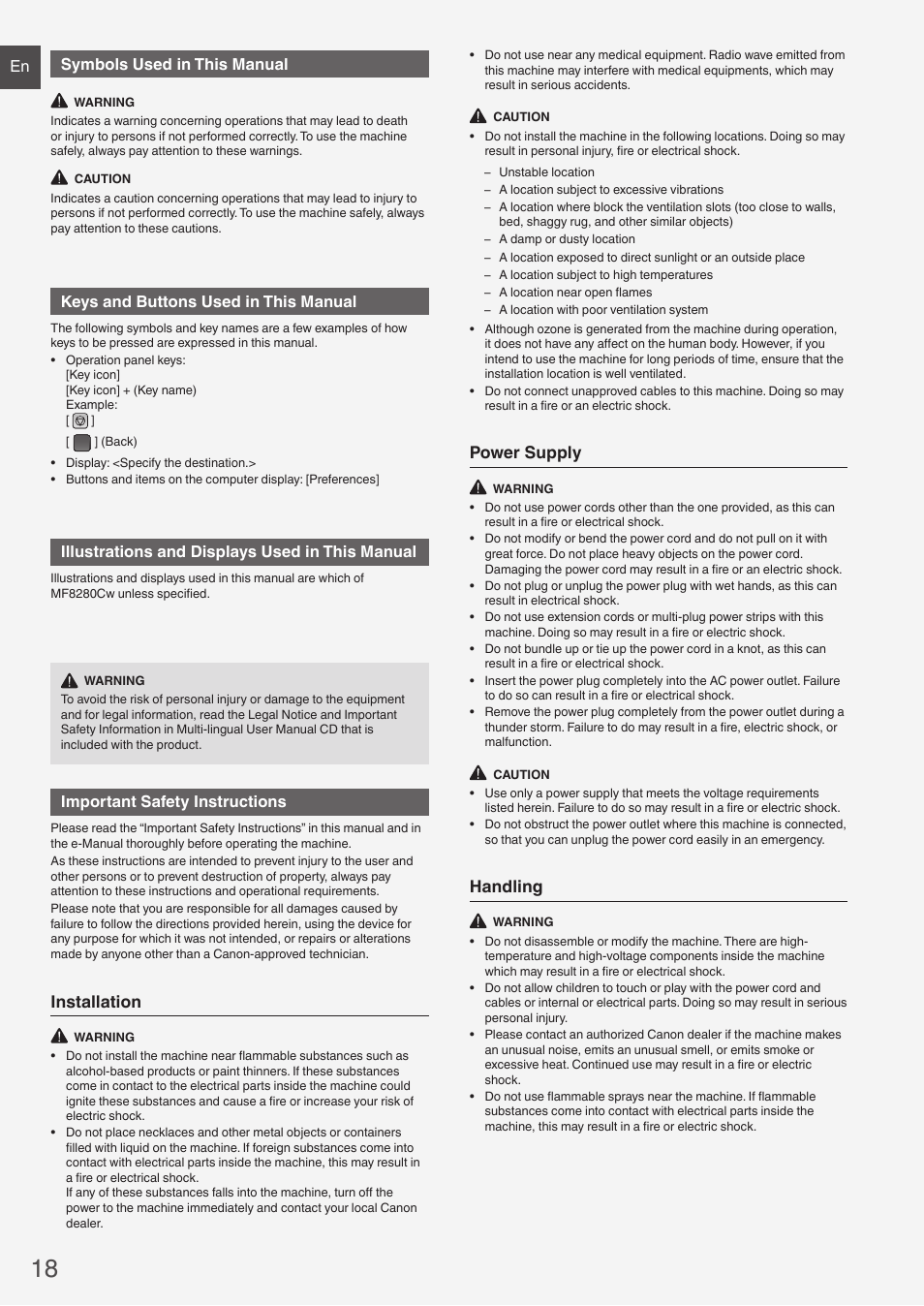 Installation, Power supply, Handling | En symbols used in this manual, Keys and buttons used in this manual, Illustrations and displays used in this manual, Important safety instructions | Canon i-SENSYS MF8230Cn User Manual | Page 18 / 292