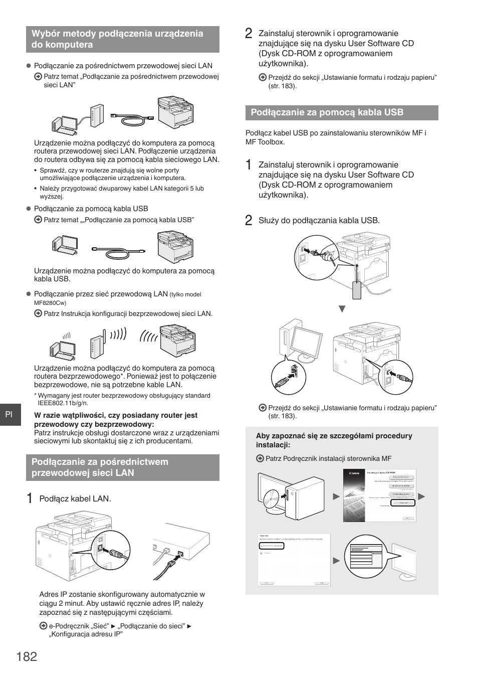 Wybór metody podłączenia urządzenia, Do komputera, Podłączanie za pośrednictwem | Przewodowej sieci lan, Podłączanie za pomocą kabla usb, Cji „podłączanie za pośrednictwem | Canon i-SENSYS MF8230Cn User Manual | Page 182 / 292