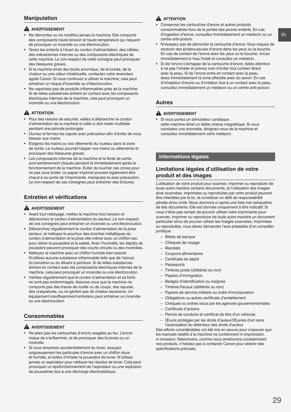 Manipulation, Entretien et vérifications, Consommables | Autres, Informations légales | Canon i-SENSYS MF8230Cn User Manual | Page 29 / 292