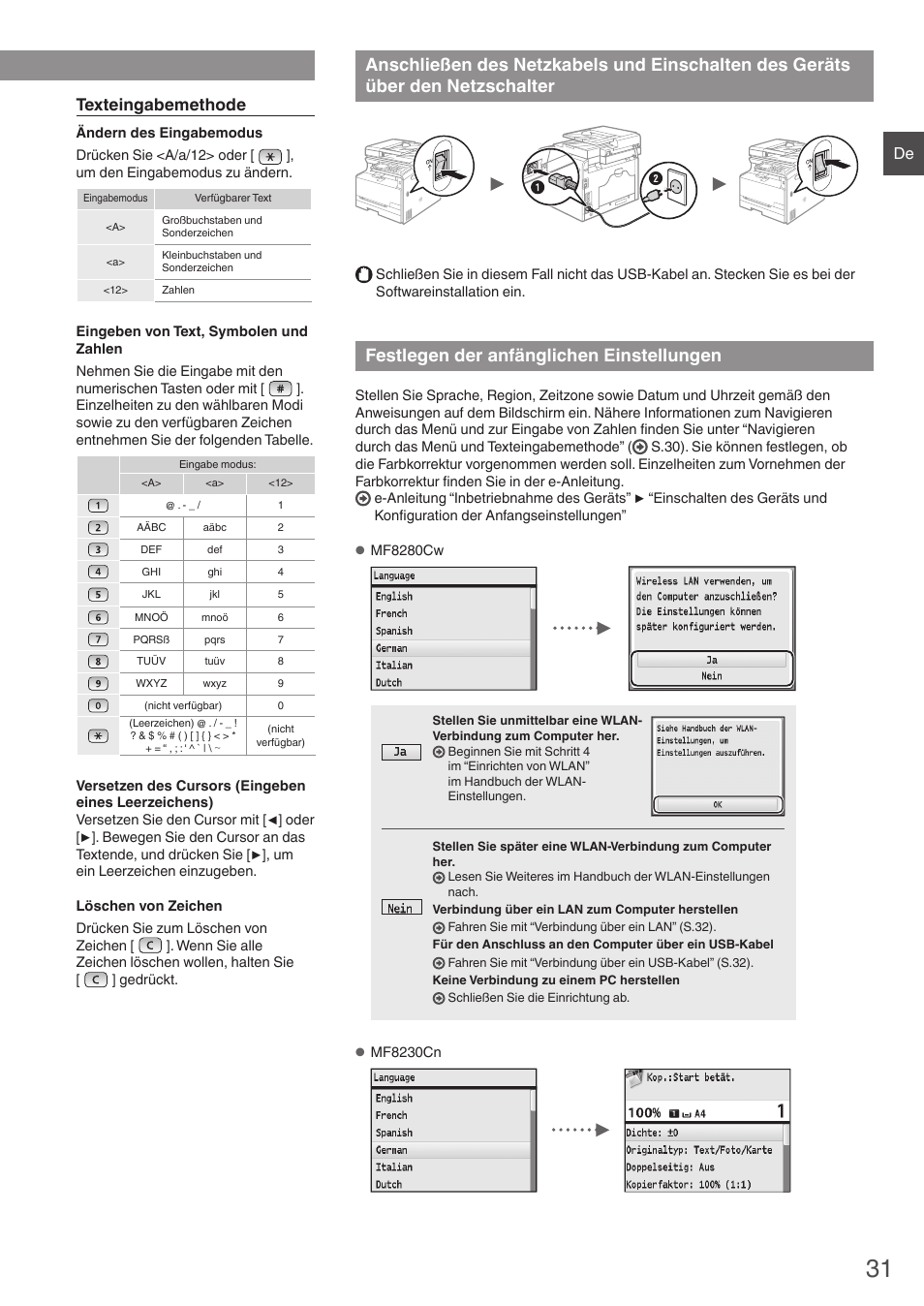 Anschließen des netzkabels und einschalten, Des geräts über den netzschalter, Festlegen der anfänglichen einstellungen | Texteingabemethode | Canon i-SENSYS MF8230Cn User Manual | Page 31 / 292