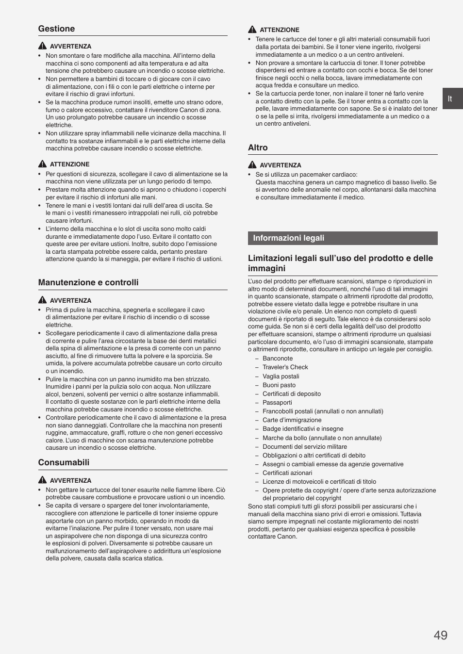 Gestione, Manutenzione e controlli, Consumabili | Altro, Informazioni legali | Canon i-SENSYS MF8230Cn User Manual | Page 49 / 292