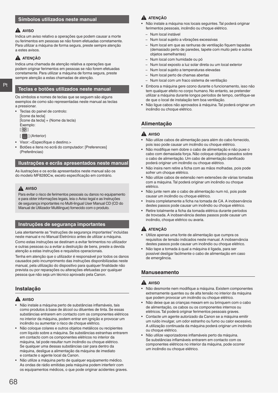Instalação, Alimentação, Manuseamento | Pt símbolos utilizados neste manual, Teclas e botões utilizados neste manual, Ilustrações e ecrãs apresentados neste manual, Instruções de segurança importantes | Canon i-SENSYS MF8230Cn User Manual | Page 68 / 292