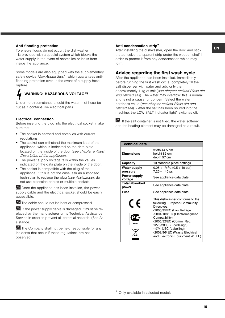 Advice regarding the first wash cycle | Hotpoint Ariston LSP 733A X User Manual | Page 15 / 84