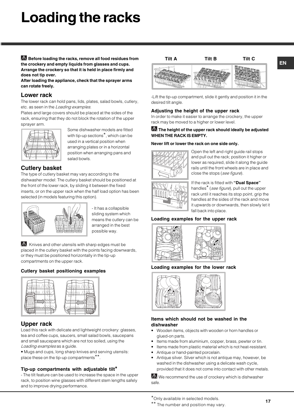 Loading the racks, Lower rack, Cutlery basket | Upper rack | Hotpoint Ariston LSP 733A X User Manual | Page 17 / 84