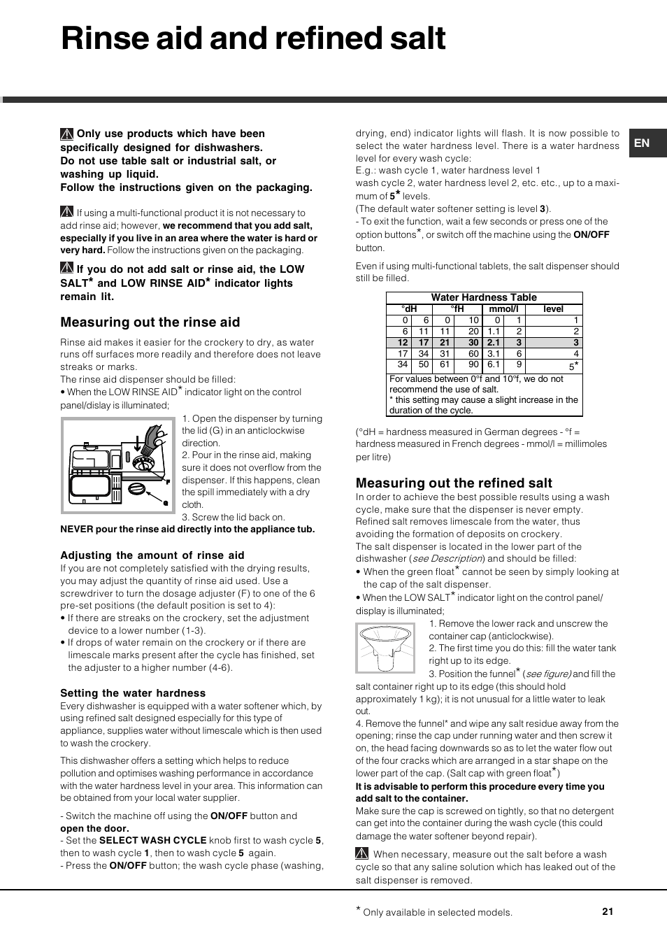 Rinse aid and refined salt, Measuring out the rinse aid, Measuring out the refined salt | Hotpoint Ariston LSP 733A X User Manual | Page 21 / 84