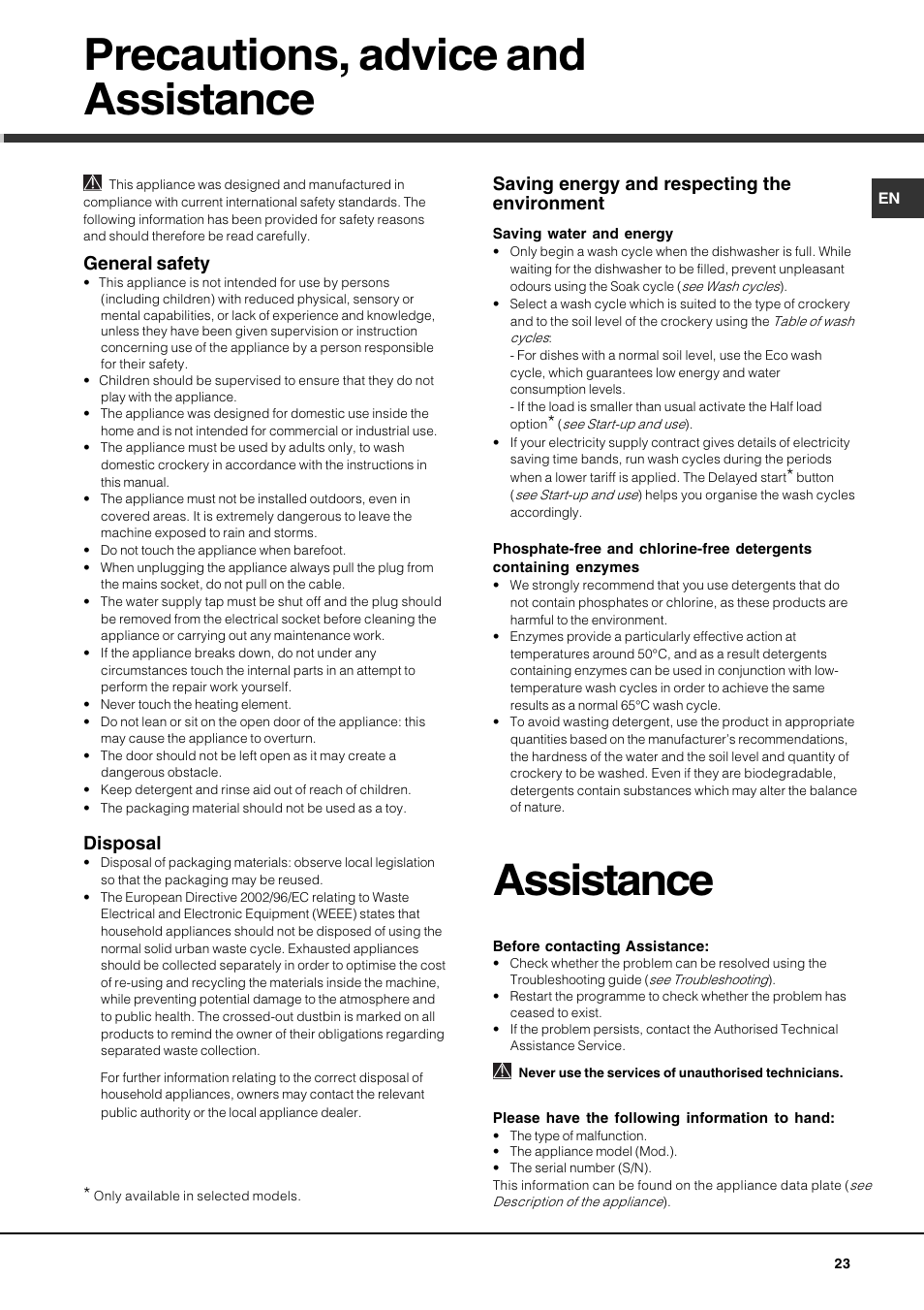 Precautions, advice and assistance, Assistance, General safety | Disposal, Saving energy and respecting the environment | Hotpoint Ariston LSP 733A X User Manual | Page 23 / 84