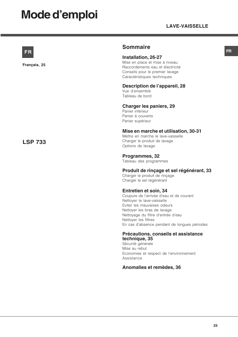 Mode demploi, Sommaire, Lsp 733 | Hotpoint Ariston LSP 733A X User Manual | Page 25 / 84