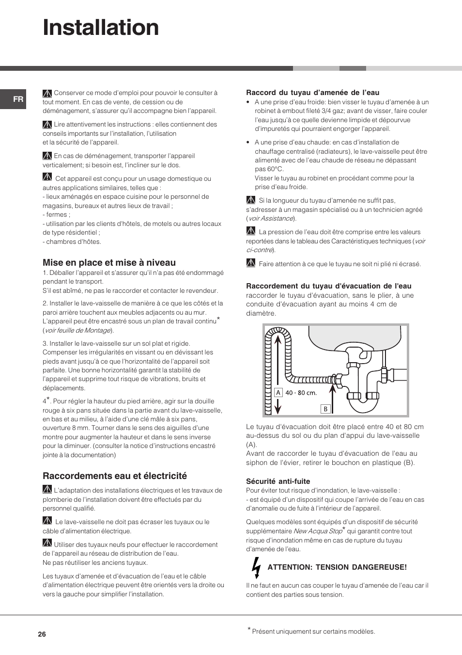 Installation, Mise en place et mise à niveau, Raccordements eau et électricité | Hotpoint Ariston LSP 733A X User Manual | Page 26 / 84