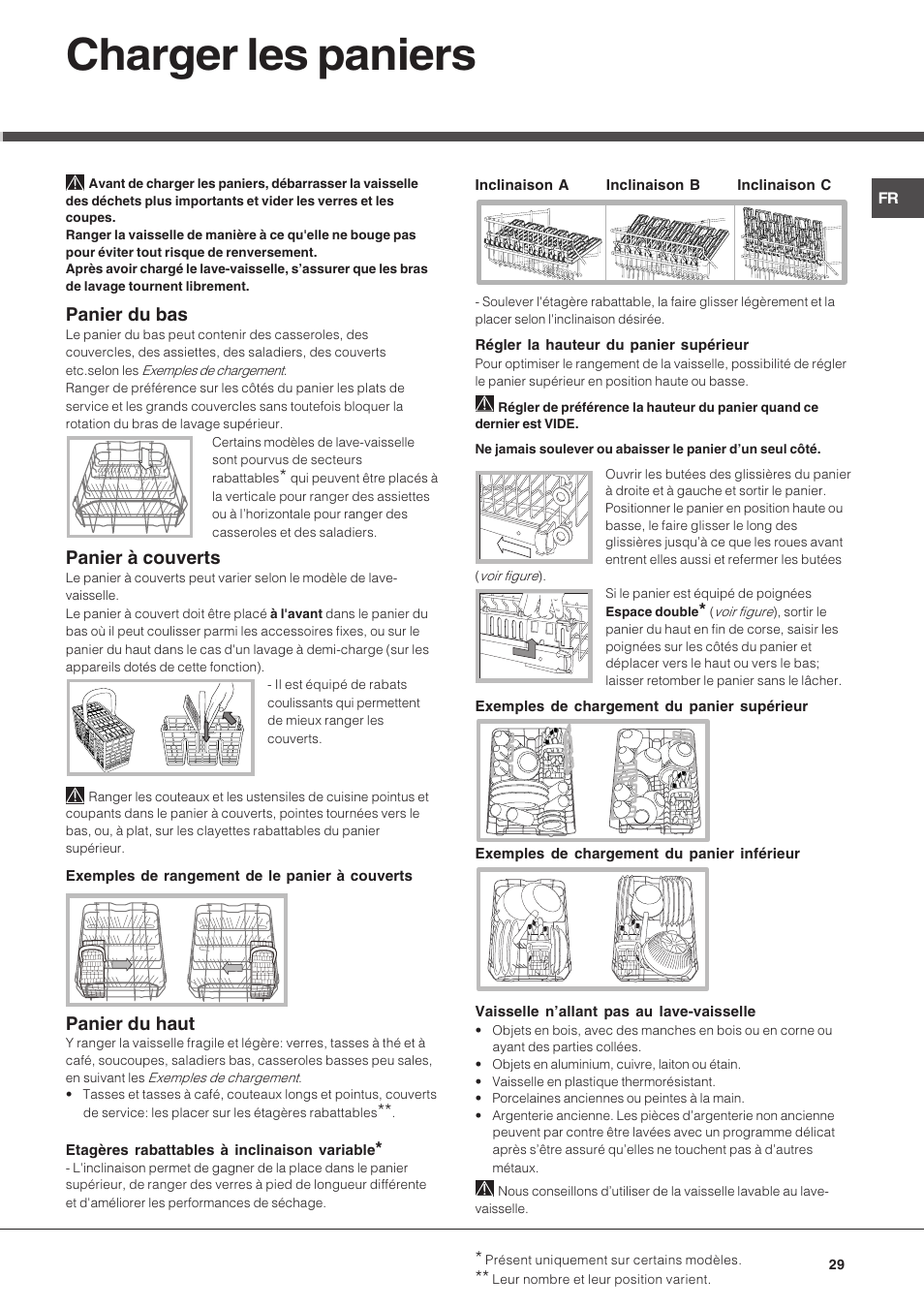 Charger les paniers, Panier du bas, Panier à couverts | Panier du haut | Hotpoint Ariston LSP 733A X User Manual | Page 29 / 84
