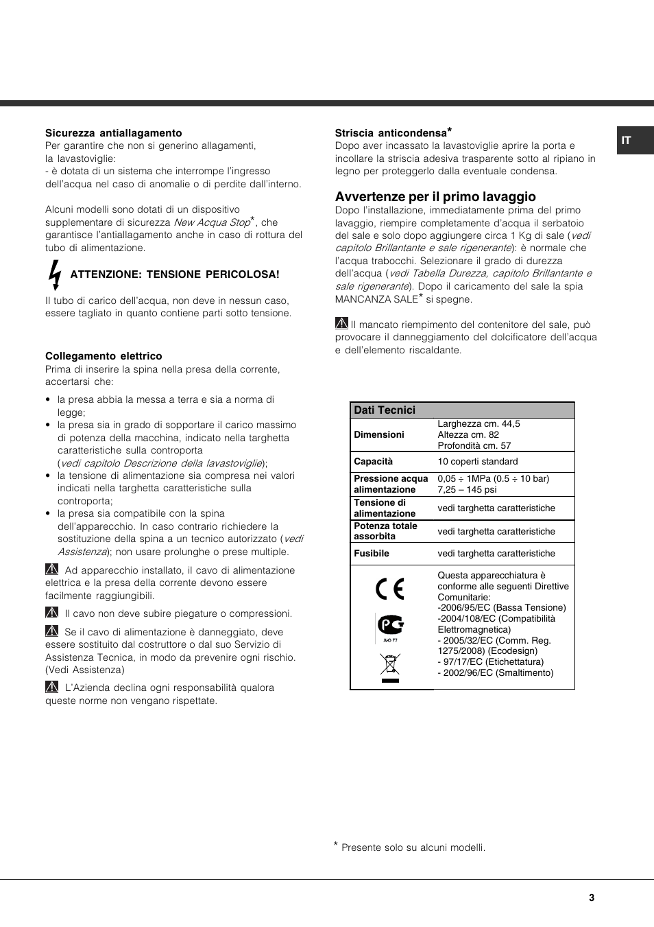 Avvertenze per il primo lavaggio | Hotpoint Ariston LSP 733A X User Manual | Page 3 / 84