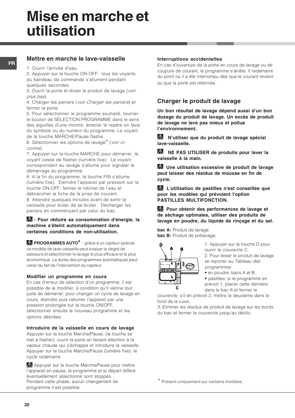 Mise en marche et utilisation, Charger le produit de lavage, Mettre en marche le lave-vaisselle | Hotpoint Ariston LSP 733A X User Manual | Page 30 / 84