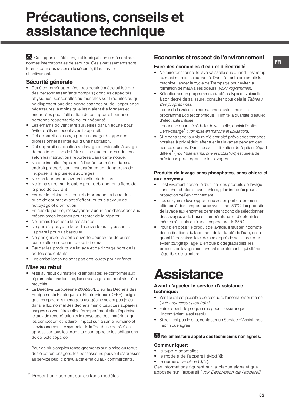 Précautions, conseils et assistance technique, Assistance, Sécurité générale | Mise au rebut, Economies et respect de lenvironnement | Hotpoint Ariston LSP 733A X User Manual | Page 35 / 84