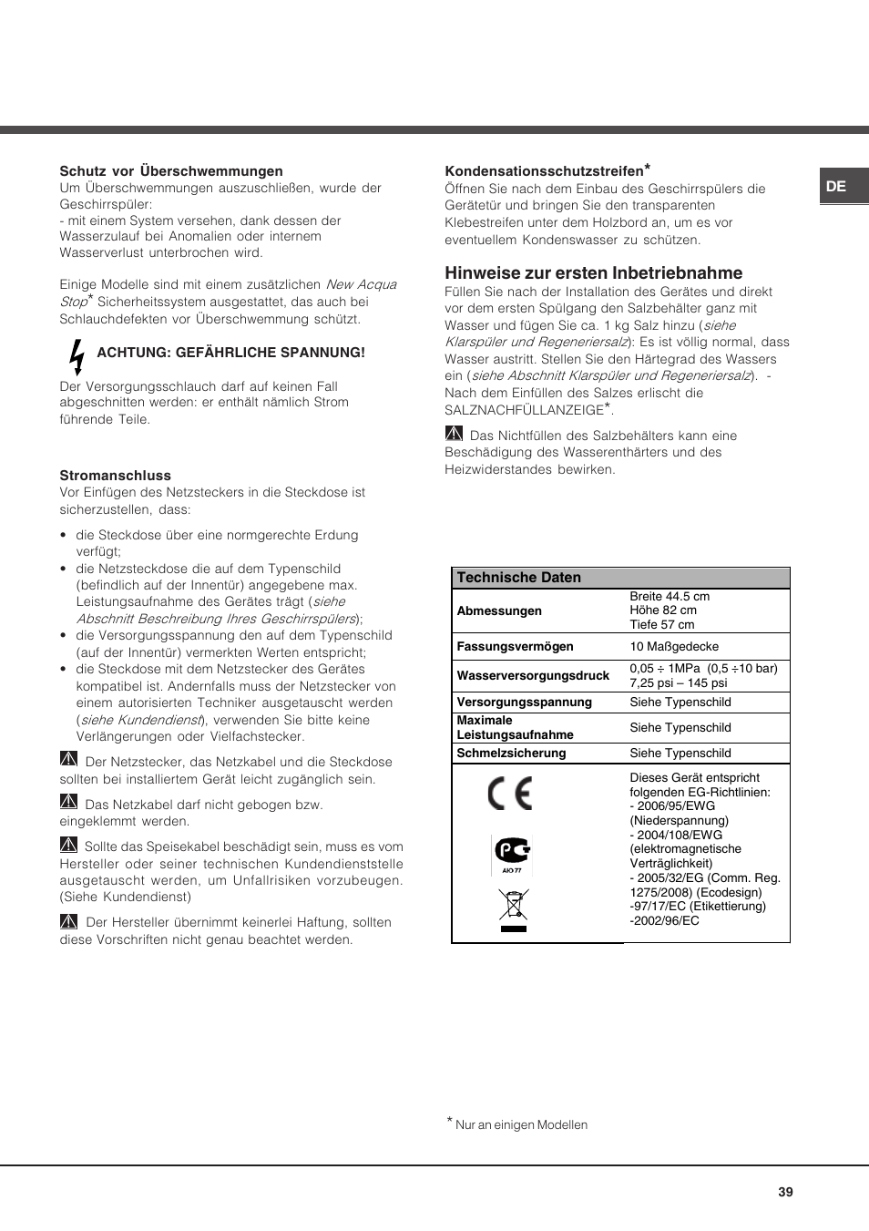 Hinweise zur ersten inbetriebnahme | Hotpoint Ariston LSP 733A X User Manual | Page 39 / 84