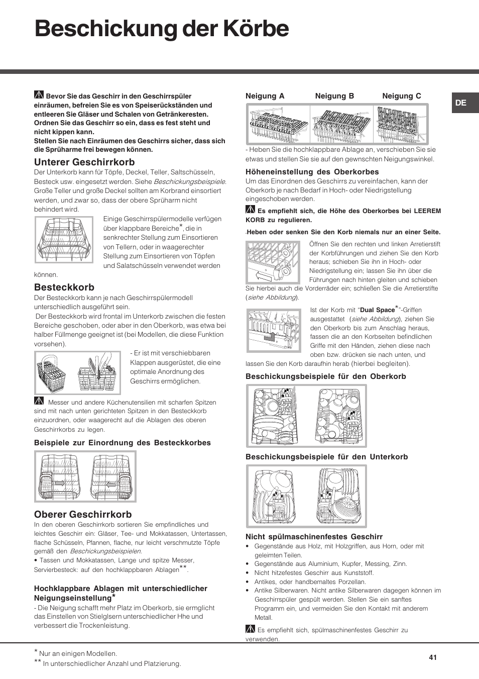 Beschickung der körbe, Unterer geschirrkorb, Besteckkorb | Oberer geschirrkorb | Hotpoint Ariston LSP 733A X User Manual | Page 41 / 84