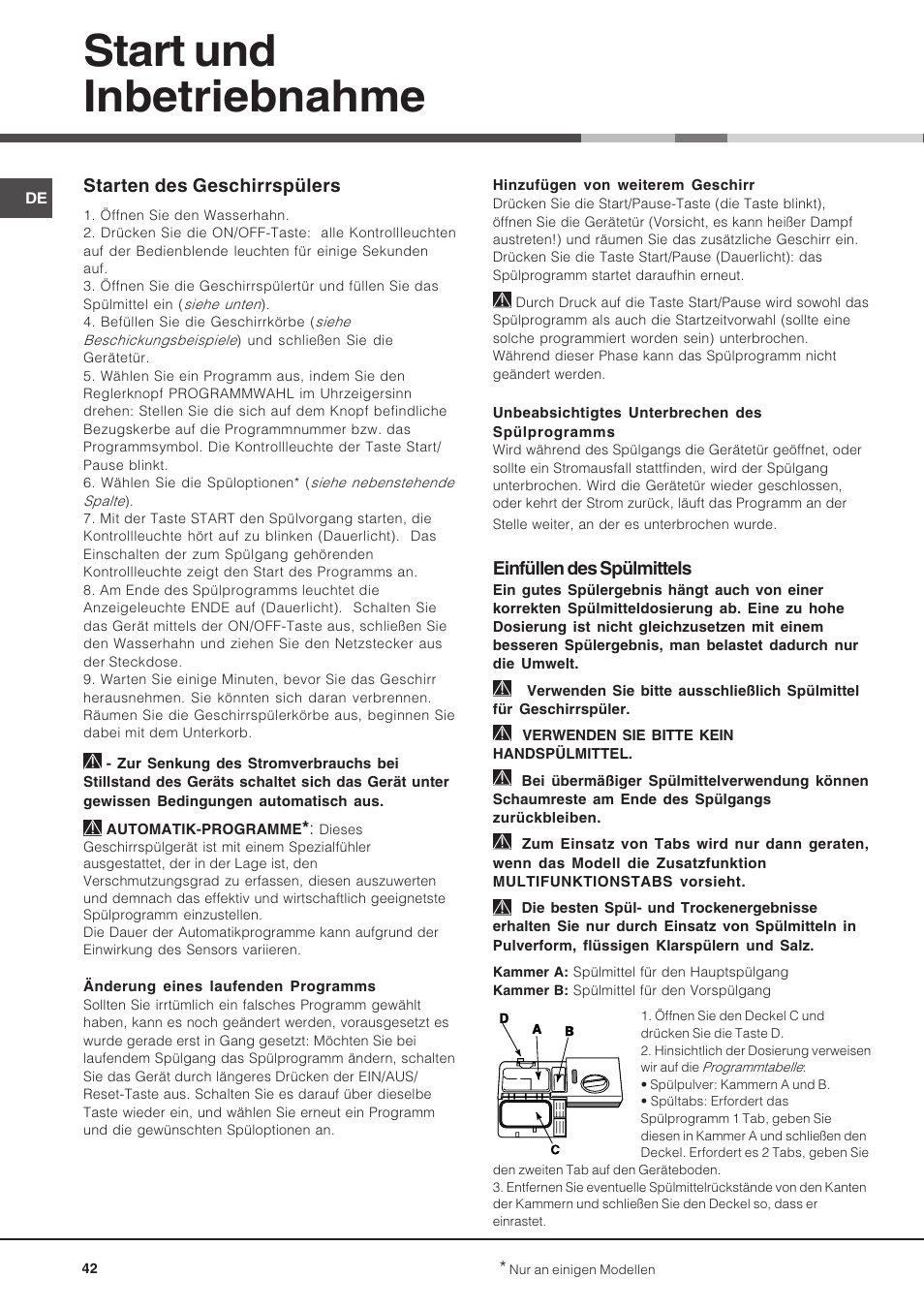 Start und inbetriebnahme, Einfüllen des spülmittels, Starten des geschirrspülers | Hotpoint Ariston LSP 733A X User Manual | Page 42 / 84