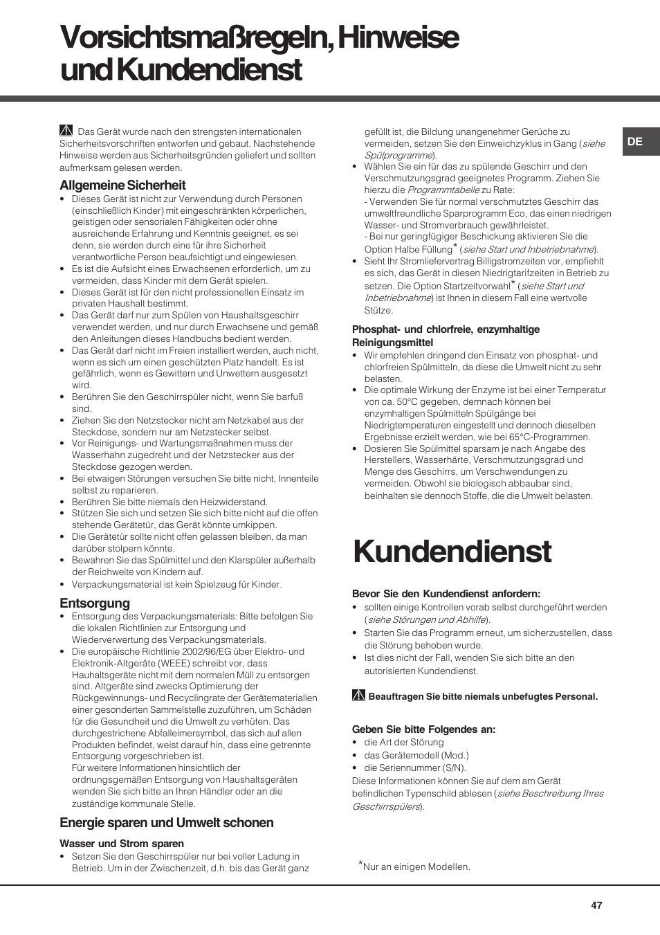 Vorsichtsmaßregeln, hinweise und kundendienst, Kundendienst, Allgemeine sicherheit | Entsorgung, Energie sparen und umwelt schonen | Hotpoint Ariston LSP 733A X User Manual | Page 47 / 84