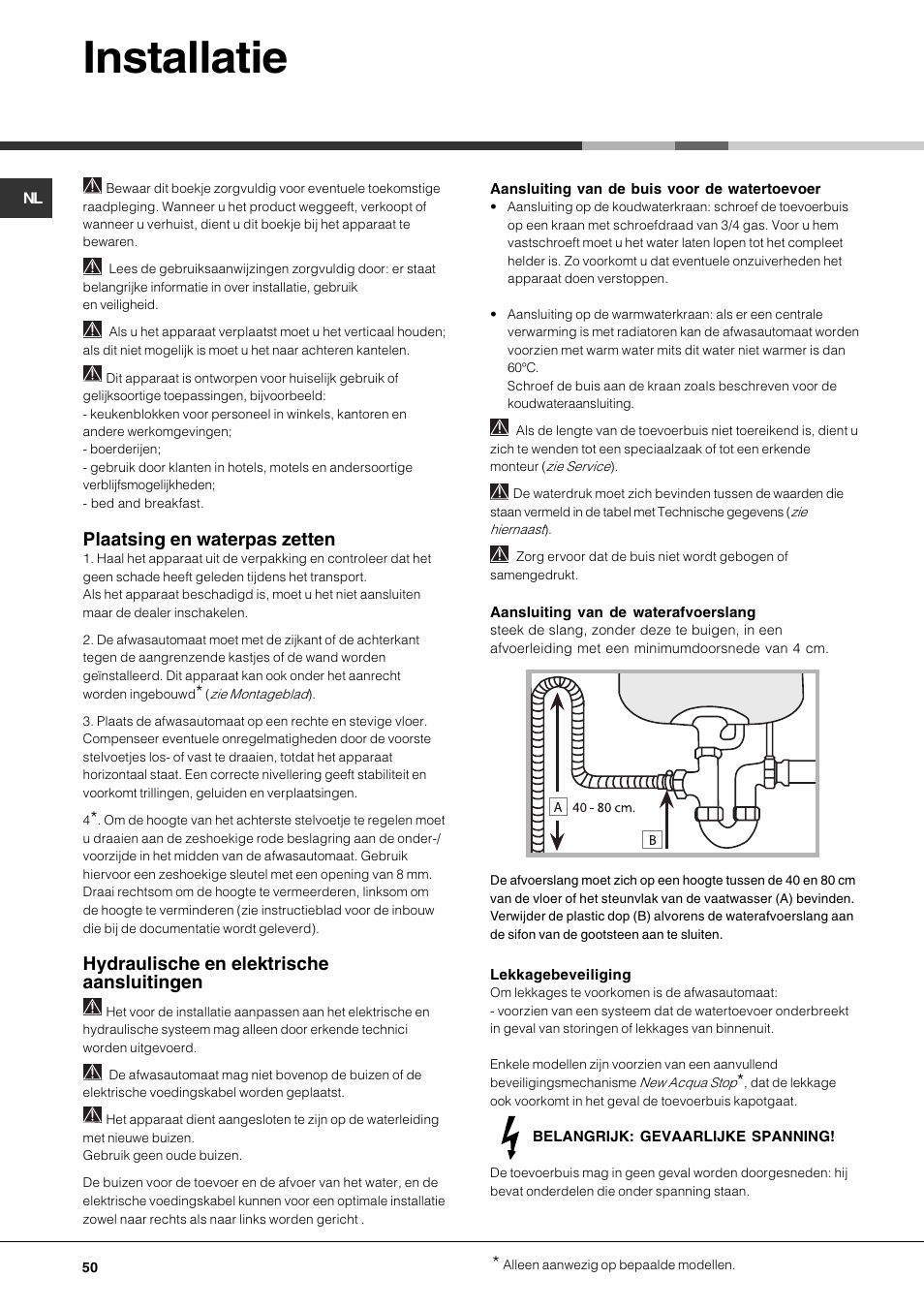 Installatie, Plaatsing en waterpas zetten, Hydraulische en elektrische aansluitingen | Hotpoint Ariston LSP 733A X User Manual | Page 50 / 84