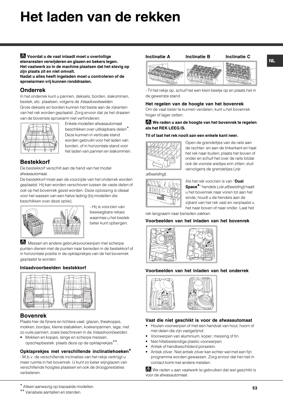 Het laden van de rekken, Onderrek, Bestekkorf | Bovenrek | Hotpoint Ariston LSP 733A X User Manual | Page 53 / 84