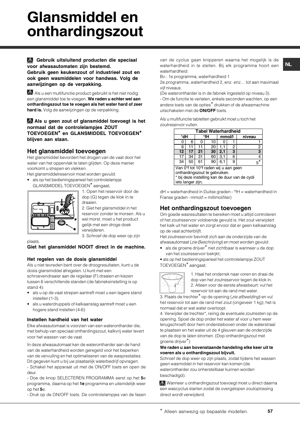 Glansmiddel en onthardingszout, Het glansmiddel toevoegen, Het onthardingszout toevoegen | Hotpoint Ariston LSP 733A X User Manual | Page 57 / 84