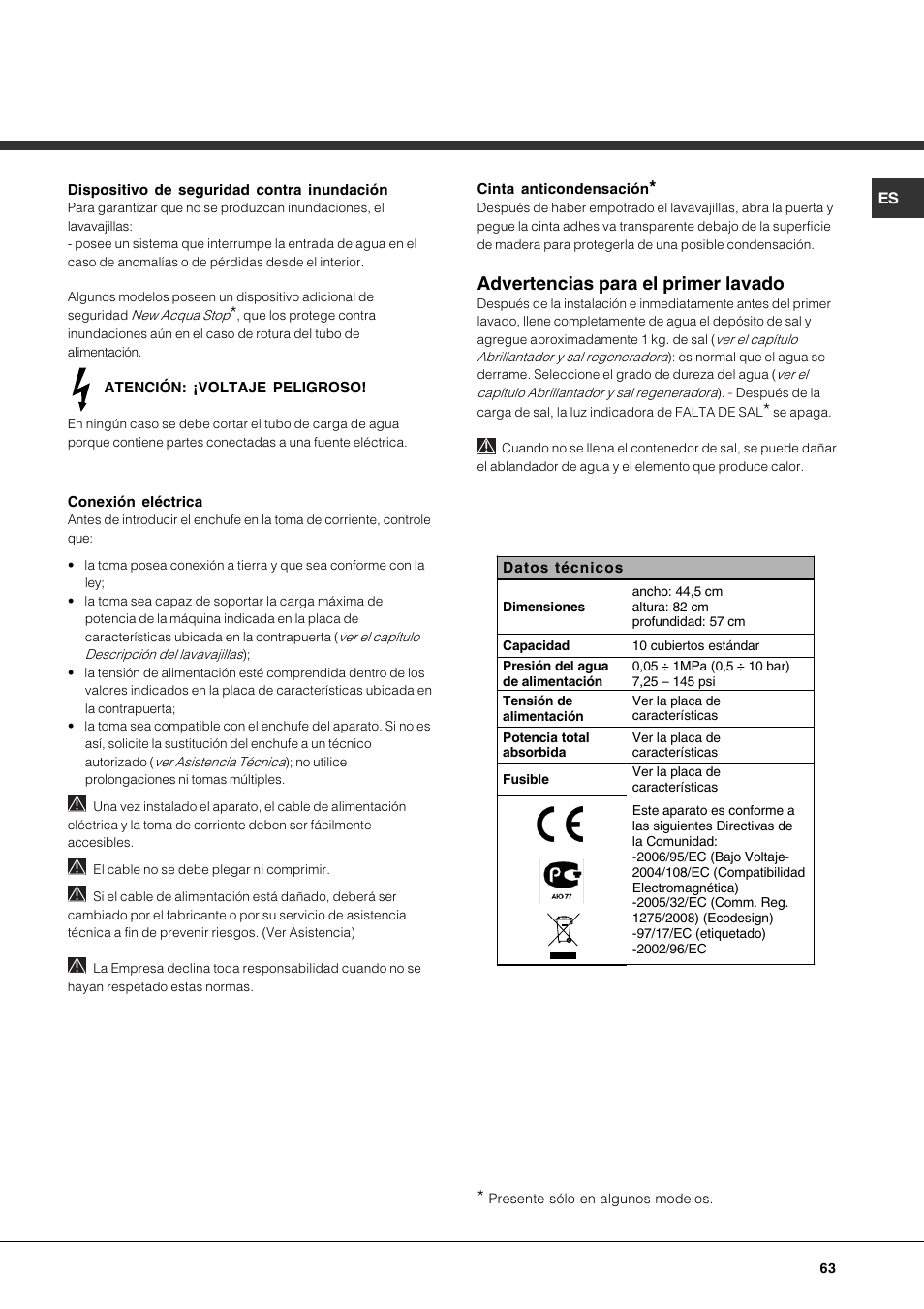 Advertencias para el primer lavado | Hotpoint Ariston LSP 733A X User Manual | Page 63 / 84