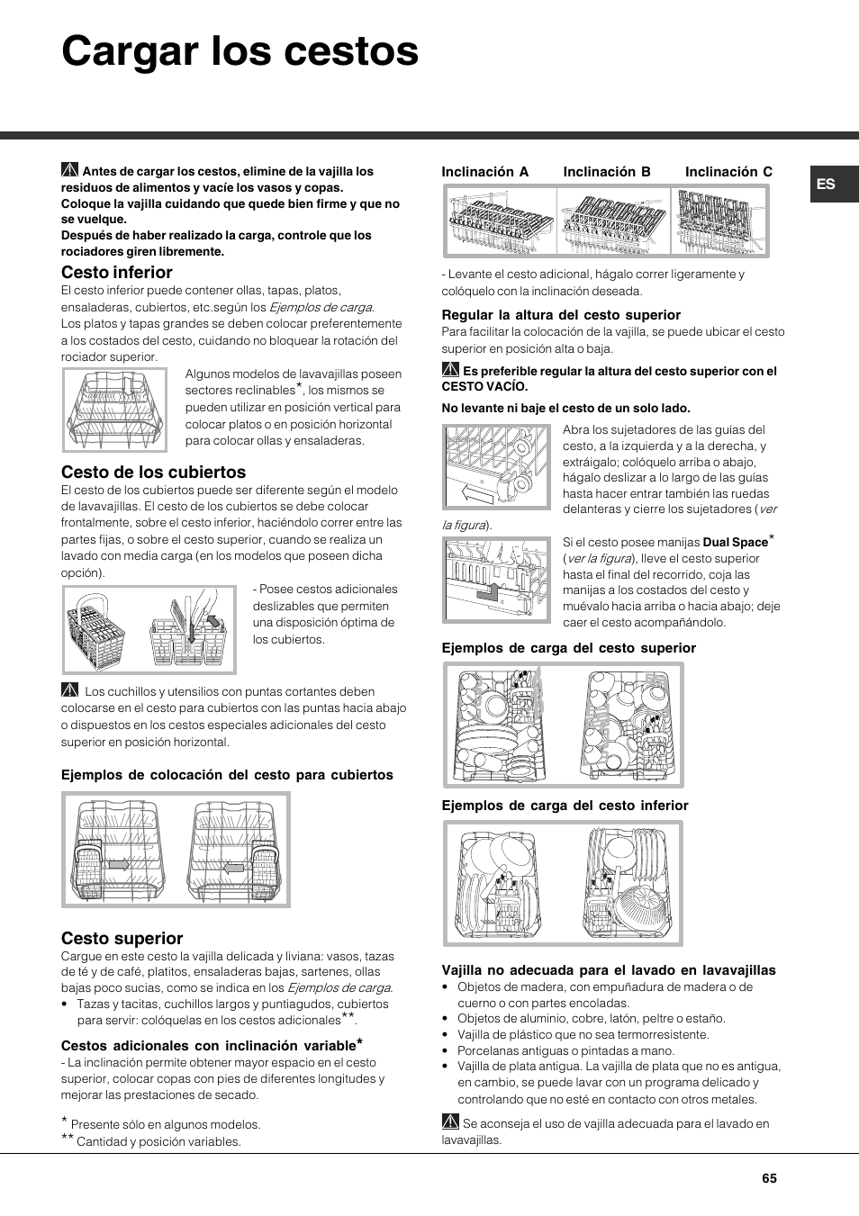 Cargar los cestos, Cesto inferior, Cesto de los cubiertos | Cesto superior | Hotpoint Ariston LSP 733A X User Manual | Page 65 / 84