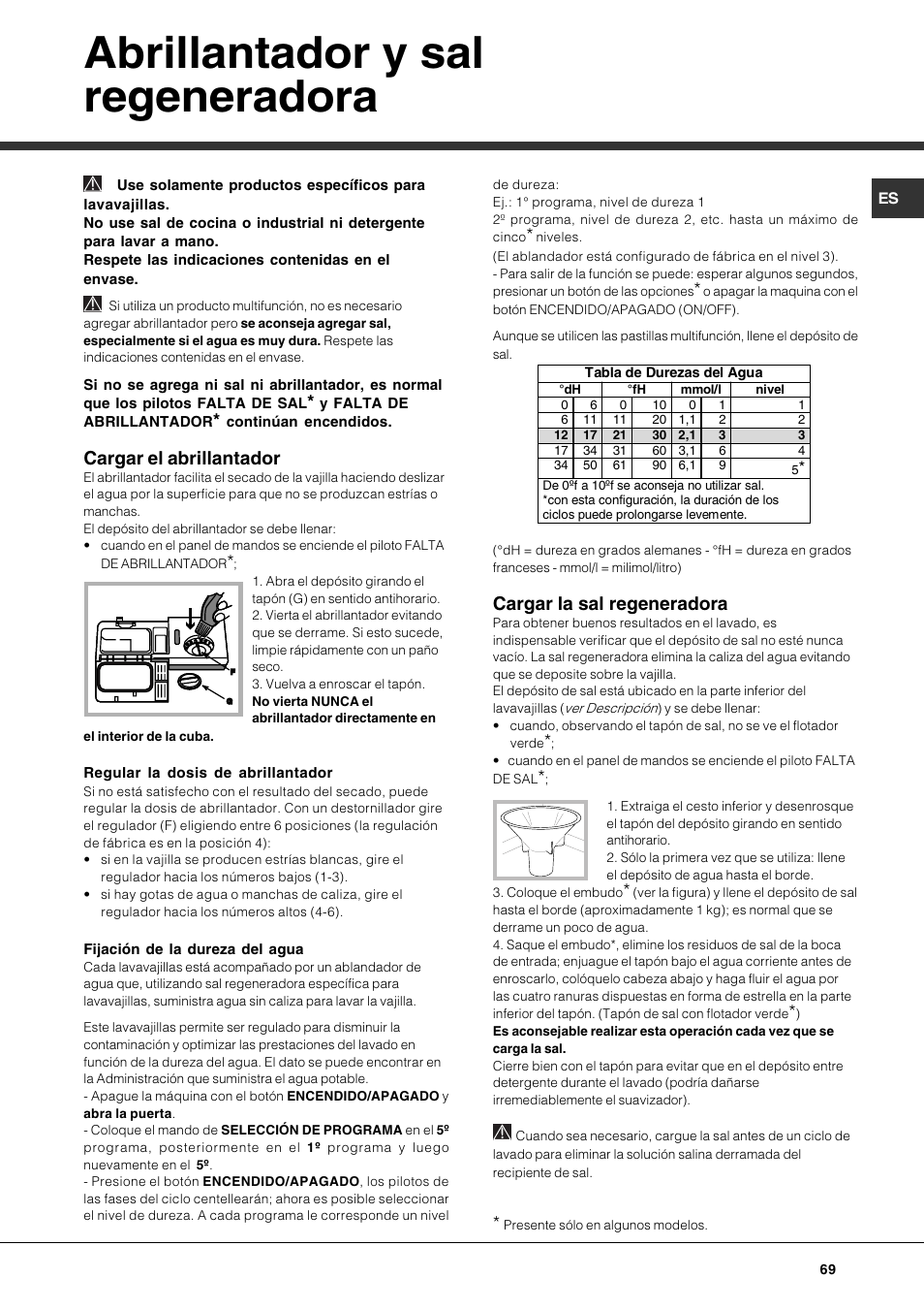 Abrillantador y sal regeneradora, Cargar el abrillantador, Cargar la sal regeneradora | Hotpoint Ariston LSP 733A X User Manual | Page 69 / 84