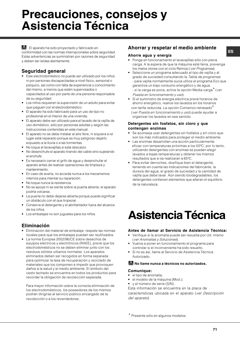 Precauciones, consejos y asistencia técnica, Asistencia técnica, Seguridad general | Eliminación, Ahorrar y respetar el medio ambiente | Hotpoint Ariston LSP 733A X User Manual | Page 71 / 84