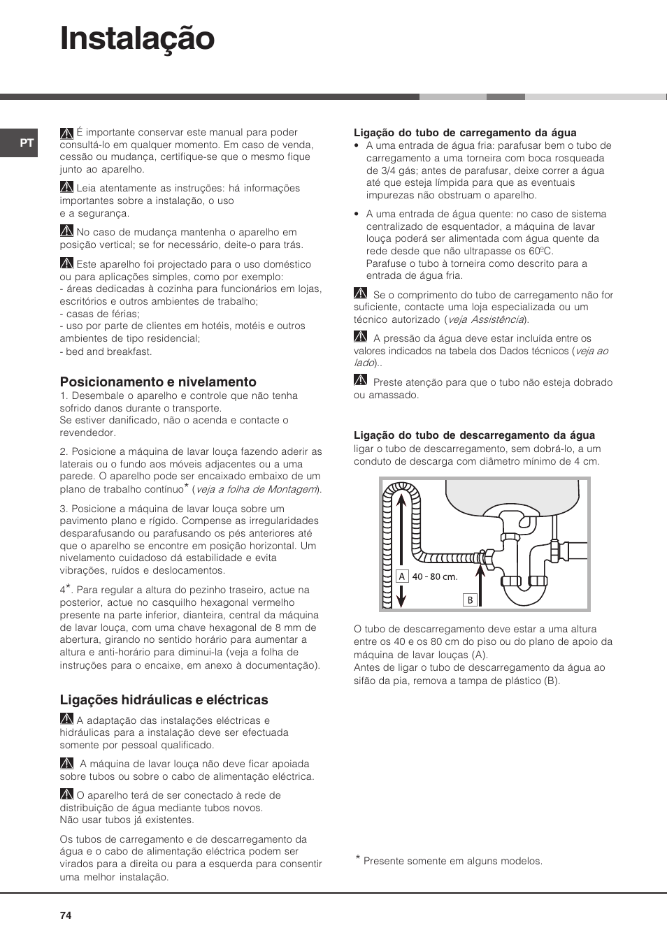 Instalação, Posicionamento e nivelamento, Ligações hidráulicas e eléctricas | Hotpoint Ariston LSP 733A X User Manual | Page 74 / 84