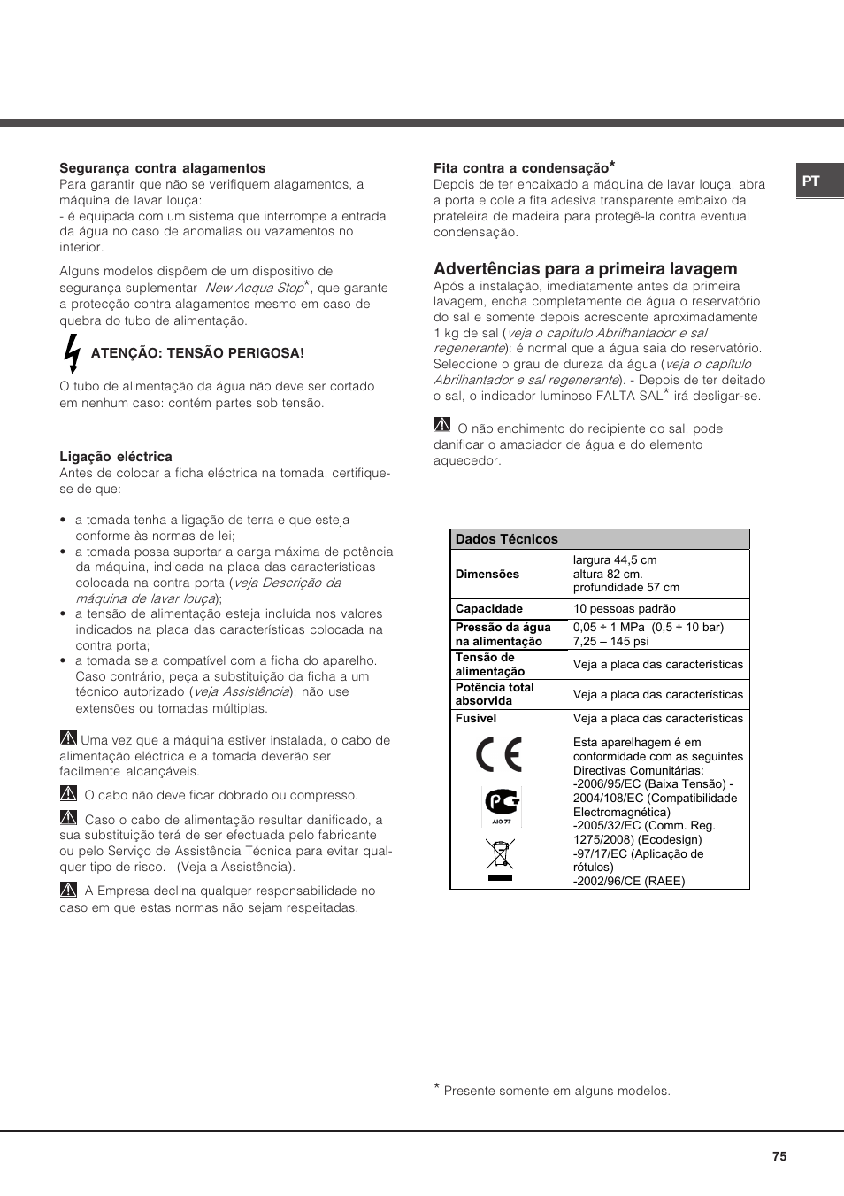 Advertências para a primeira lavagem | Hotpoint Ariston LSP 733A X User Manual | Page 75 / 84