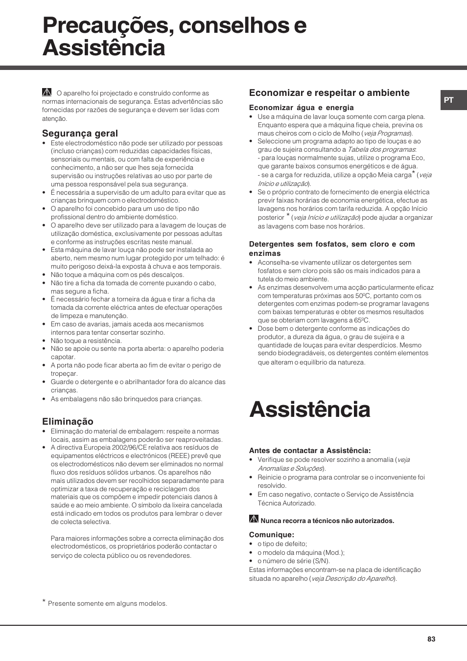 Precauções, conselhos e assistência, Assistência, Segurança geral | Eliminação, Economizar e respeitar o ambiente | Hotpoint Ariston LSP 733A X User Manual | Page 83 / 84