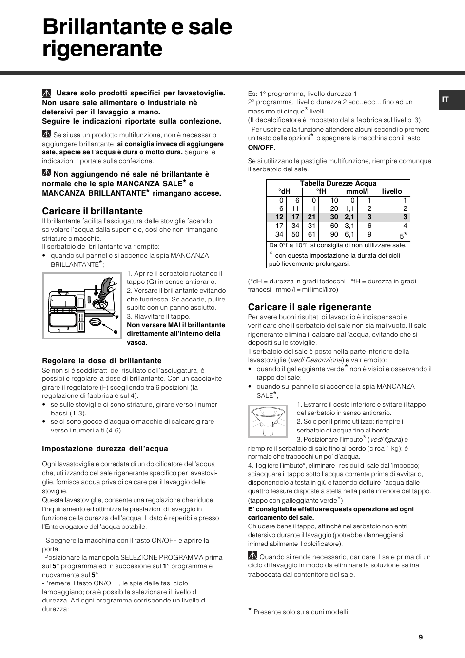 Brillantante e sale rigenerante, Caricare il brillantante, Caricare il sale rigenerante | Hotpoint Ariston LSP 733A X User Manual | Page 9 / 84