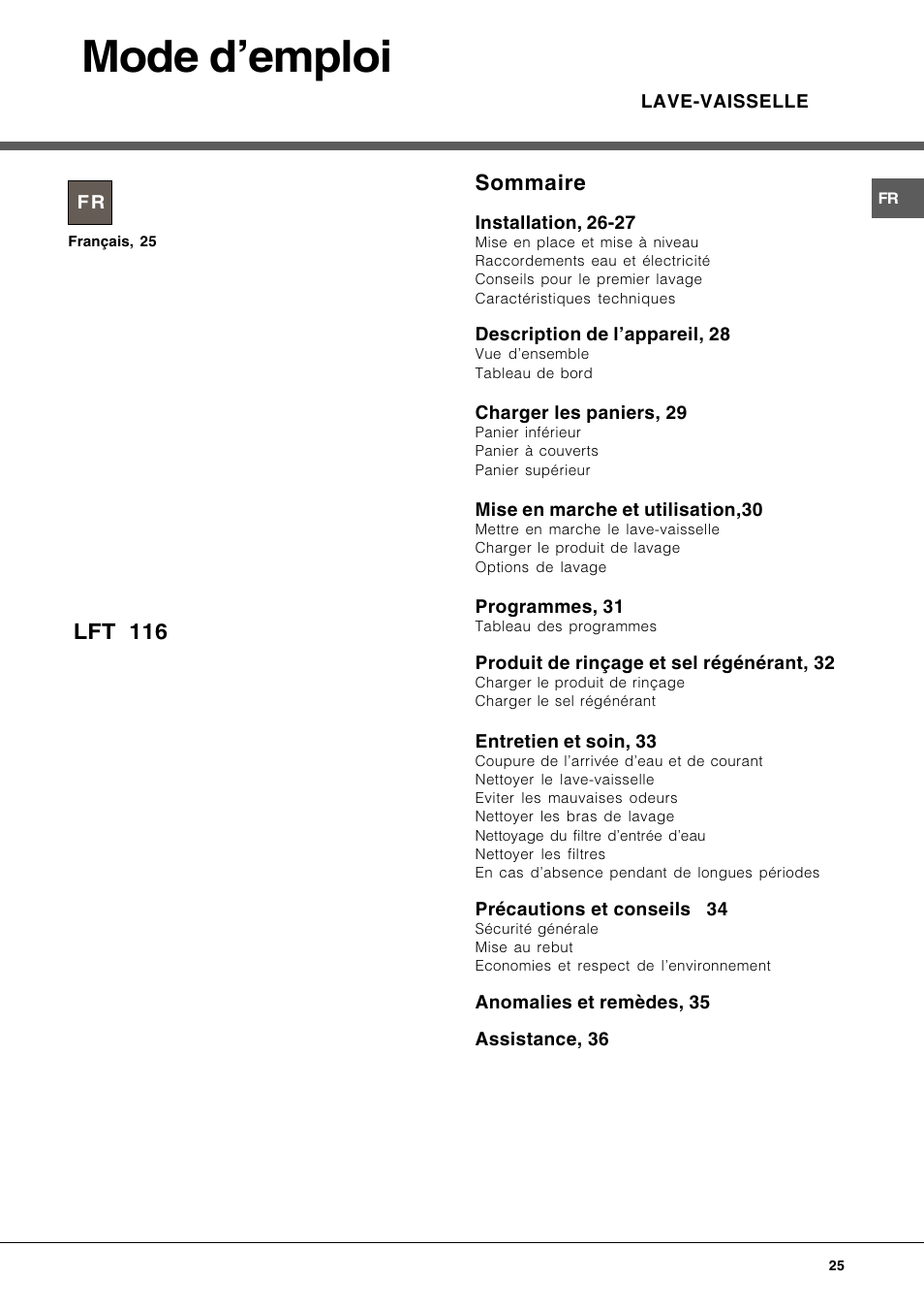 Mode demploi, Sommaire, Lft 116 | Hotpoint Ariston LFT 116 A-HA User Manual | Page 25 / 84