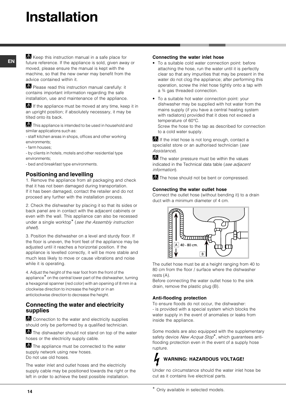Installation, Positioning and levelling, Connecting the water and electricity supplies | Hotpoint Ariston LFT7 H204 HX User Manual | Page 14 / 84