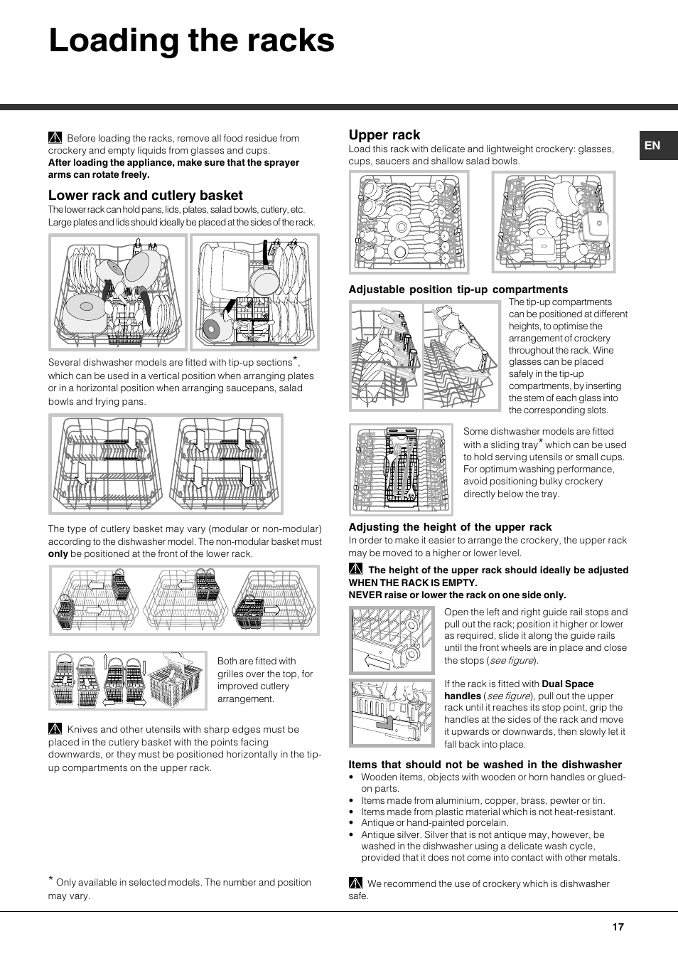 Loading the racks, Lower rack and cutlery basket, Upper rack | Hotpoint Ariston LFT7 H204 HX User Manual | Page 17 / 84