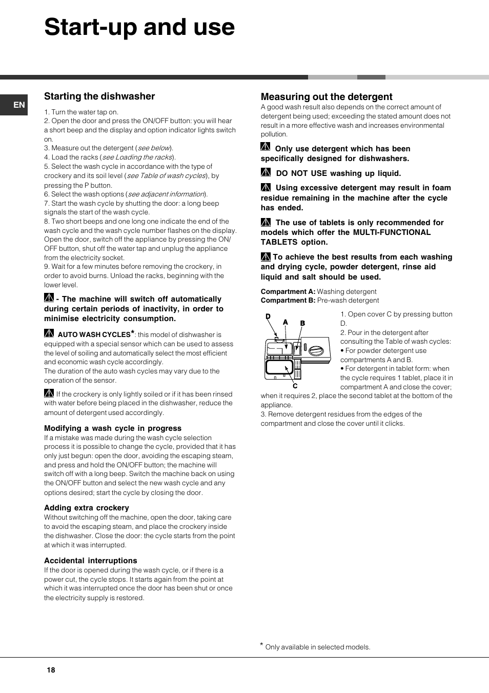 Start-up and use, Starting the dishwasher, Measuring out the detergent | Hotpoint Ariston LFT7 H204 HX User Manual | Page 18 / 84