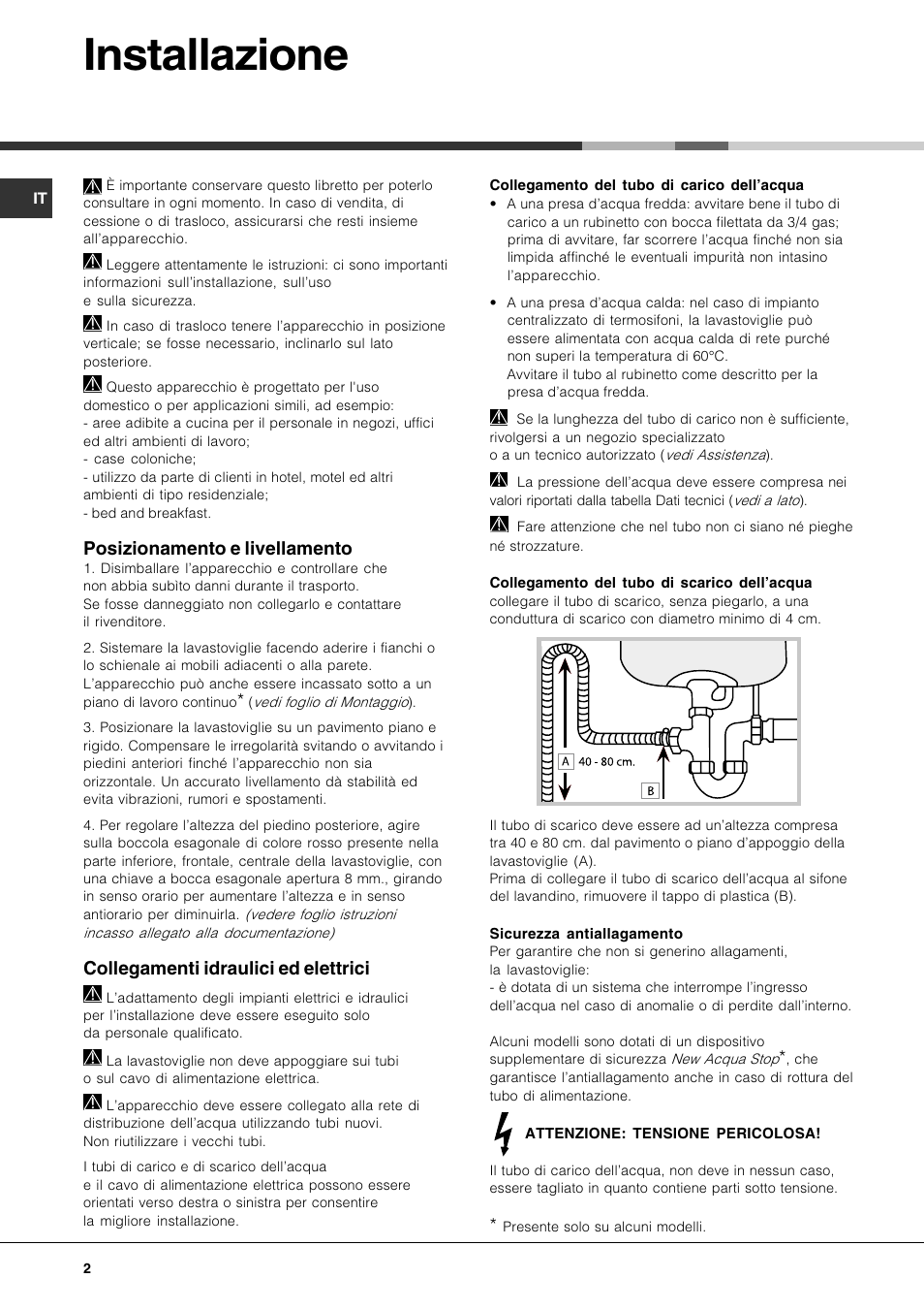 Installazione, Posizionamento e livellamento, Collegamenti idraulici ed elettrici | Hotpoint Ariston LFT7 H204 HX User Manual | Page 2 / 84