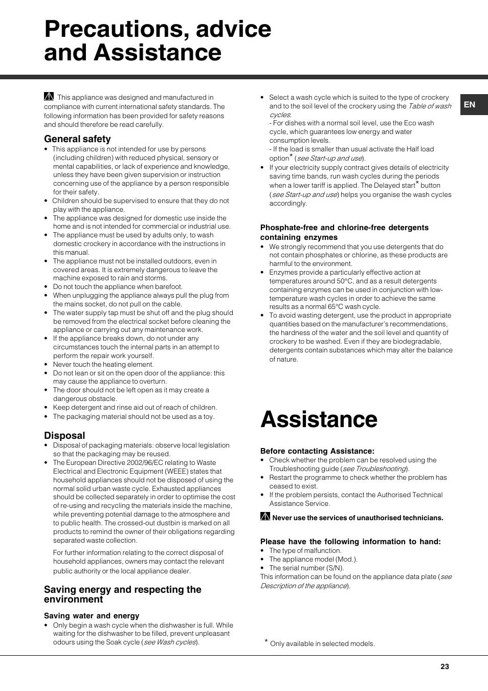 Precautions, advice and assistance, Assistance, General safety | Disposal, Saving energy and respecting the environment | Hotpoint Ariston LFT7 H204 HX User Manual | Page 23 / 84