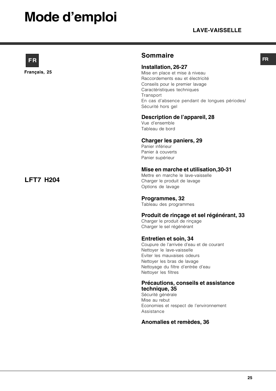 Mode demploi, Sommaire, Lft7 h204 | Hotpoint Ariston LFT7 H204 HX User Manual | Page 25 / 84
