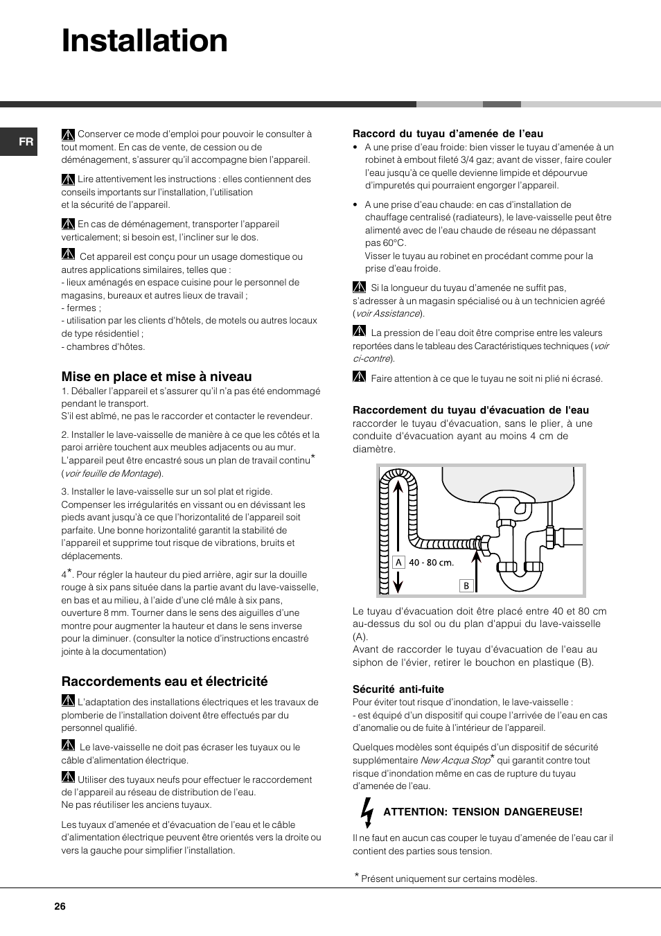 Installation, Mise en place et mise à niveau, Raccordements eau et électricité | Hotpoint Ariston LFT7 H204 HX User Manual | Page 26 / 84