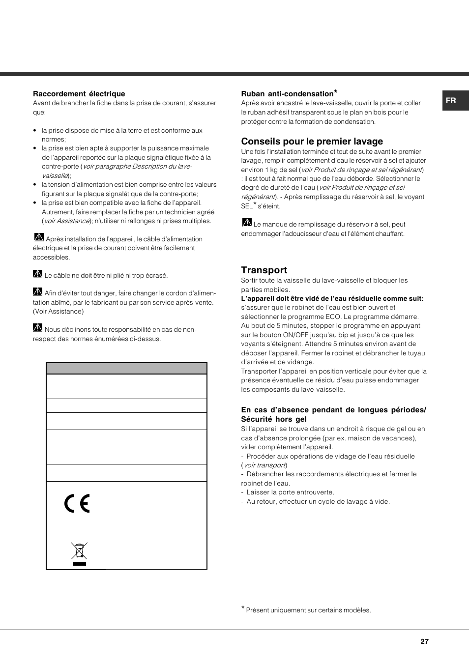 Conseils pour le premier lavage, Transport | Hotpoint Ariston LFT7 H204 HX User Manual | Page 27 / 84