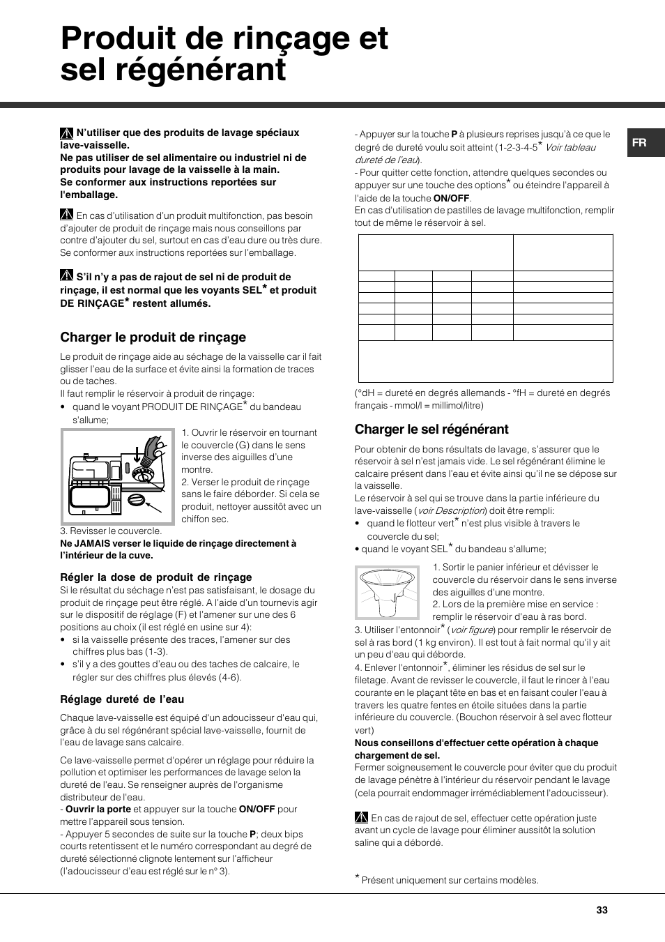 Produit de rinçage et sel régénérant, Charger le produit de rinçage, Charger le sel régénérant | Hotpoint Ariston LFT7 H204 HX User Manual | Page 33 / 84