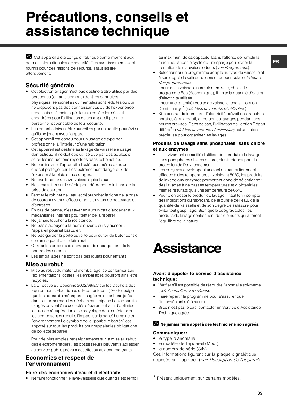 Précautions, conseils et assistance technique, Assistance, Sécurité générale | Mise au rebut, Economies et respect de lenvironnement | Hotpoint Ariston LFT7 H204 HX User Manual | Page 35 / 84