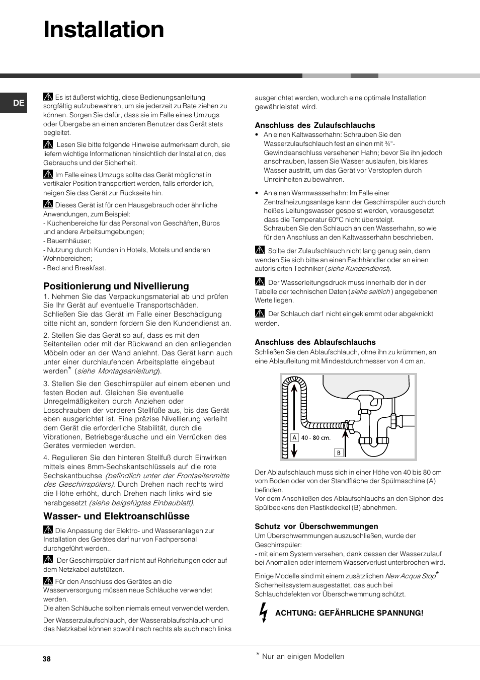 Installation, Positionierung und nivellierung, Wasser- und elektroanschlüsse | Hotpoint Ariston LFT7 H204 HX User Manual | Page 38 / 84