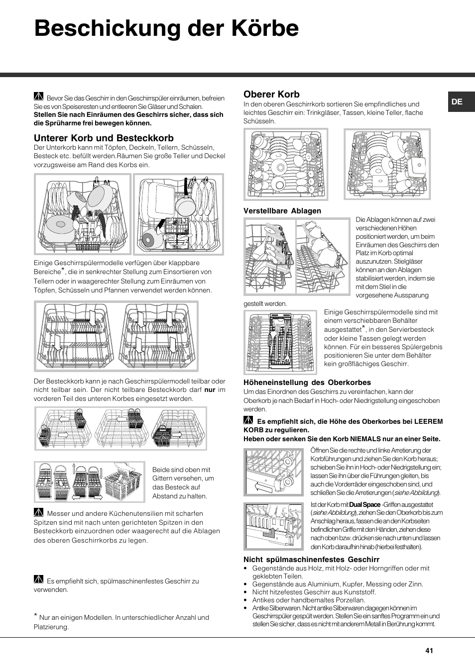 Beschickung der körbe, Unterer korb und besteckkorb, Oberer korb | Hotpoint Ariston LFT7 H204 HX User Manual | Page 41 / 84