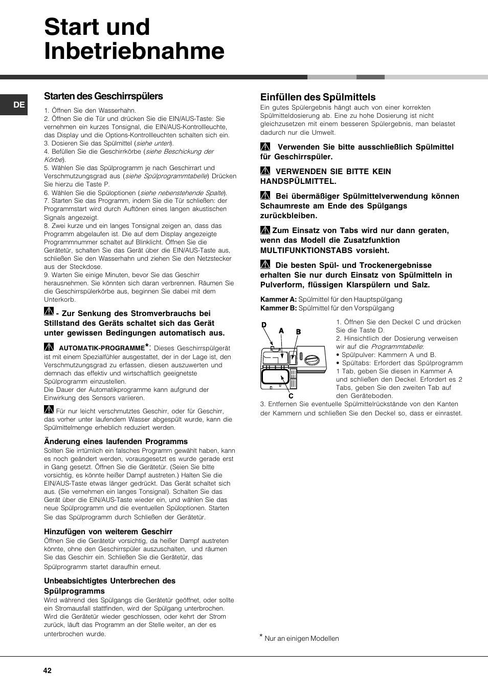 Start und inbetriebnahme, Starten des geschirrspülers, Einfüllen des spülmittels | Hotpoint Ariston LFT7 H204 HX User Manual | Page 42 / 84